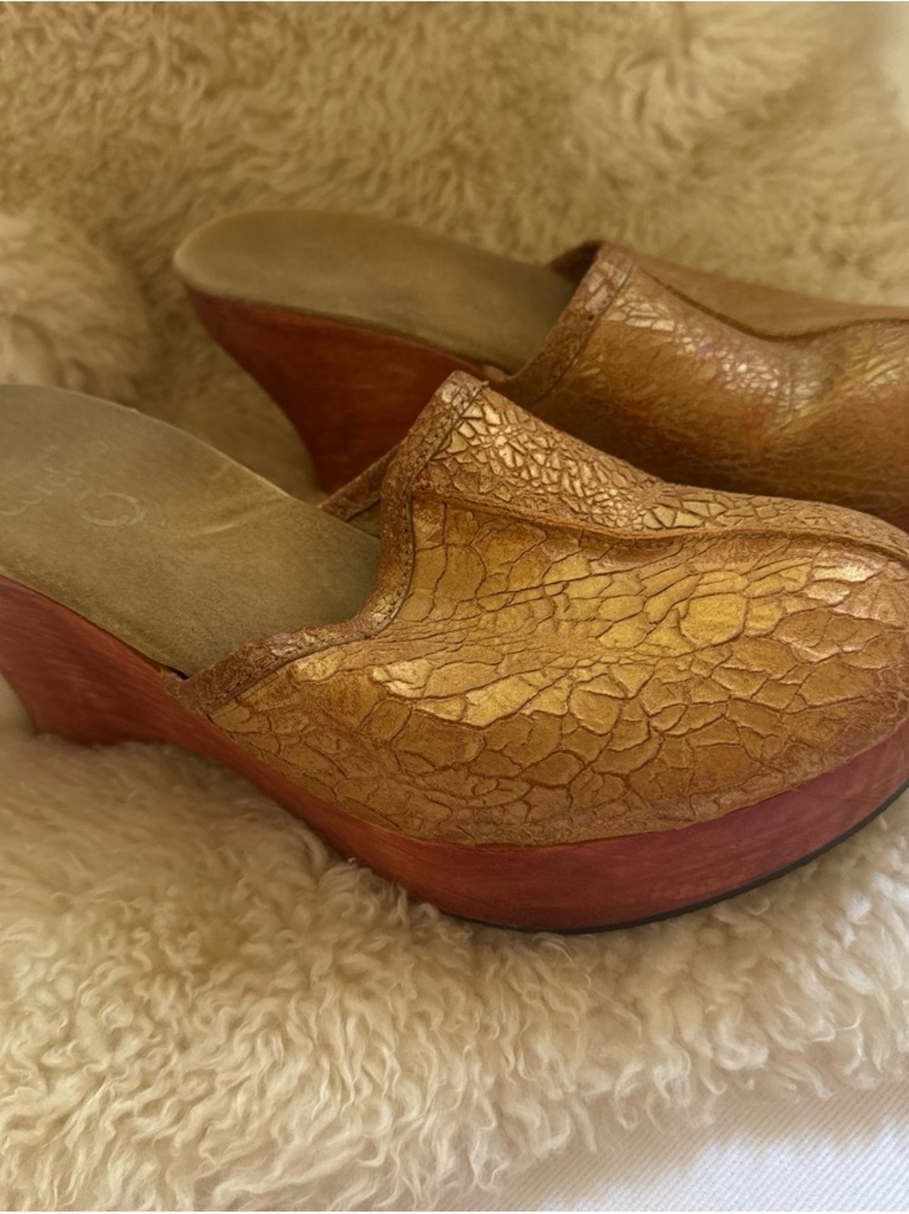 Gold Textured Leather Wedge Clogs — Women’s Slip-On Mules